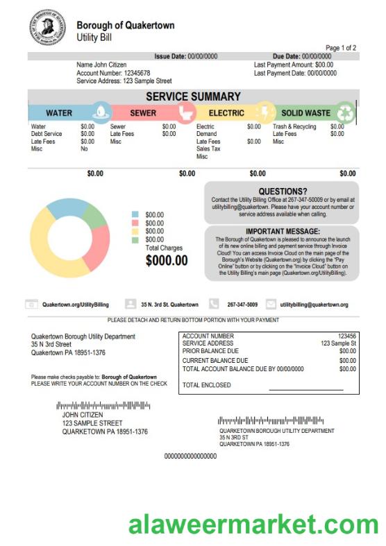 USA Pennsylvania Quakertown Borough utility bill template in Word and PDF format